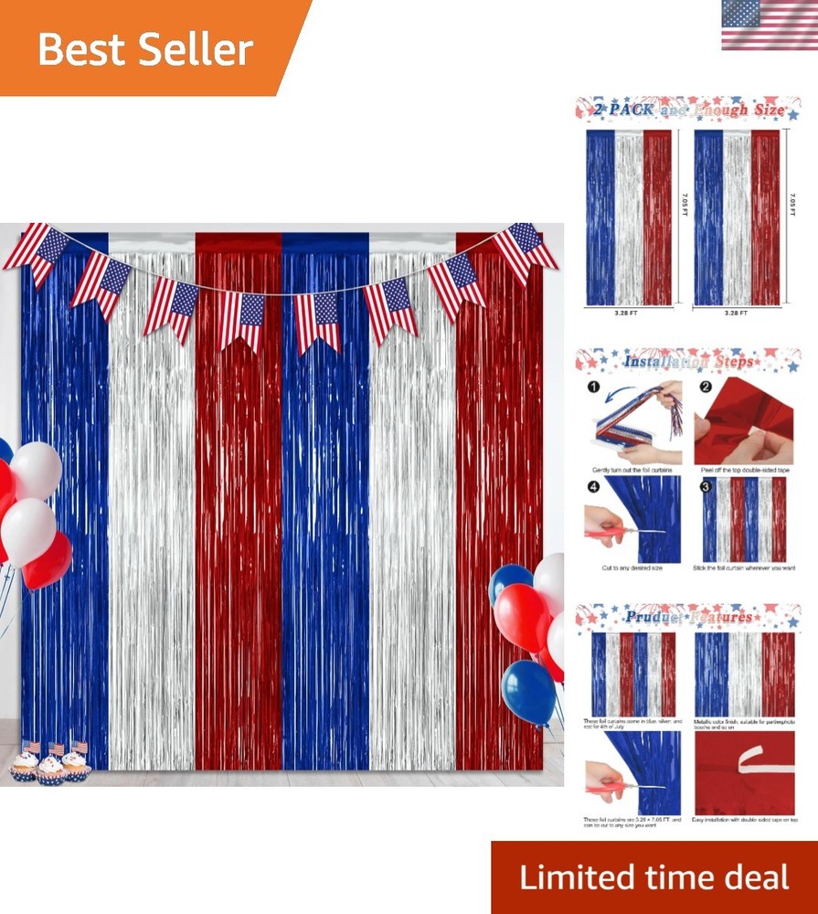 Stunning Red, Silver, and Blue Tinsel Backdrops – 2 Pack for July 4th Parties