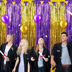 3Pack 3.3Ft x 6.6Ft Graduation Foil Fringe Curtain Backdrop Decorations, Purp…