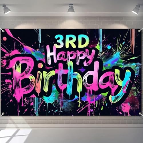 71×43 Inch Paint Splatter Glow in The 71*43 Inch Neon 3rd Happy Birthday Banner