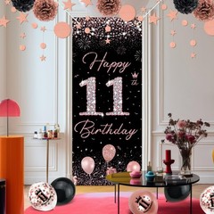 Rose Gold Happy 11th Birthday Decorations – Banner, Backdrop, Balloons, Pompo…