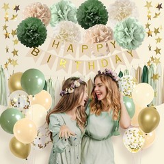 Sage Green Party Decorations with Banner, Tissue Tassels, Pompoms, Balloons, …
