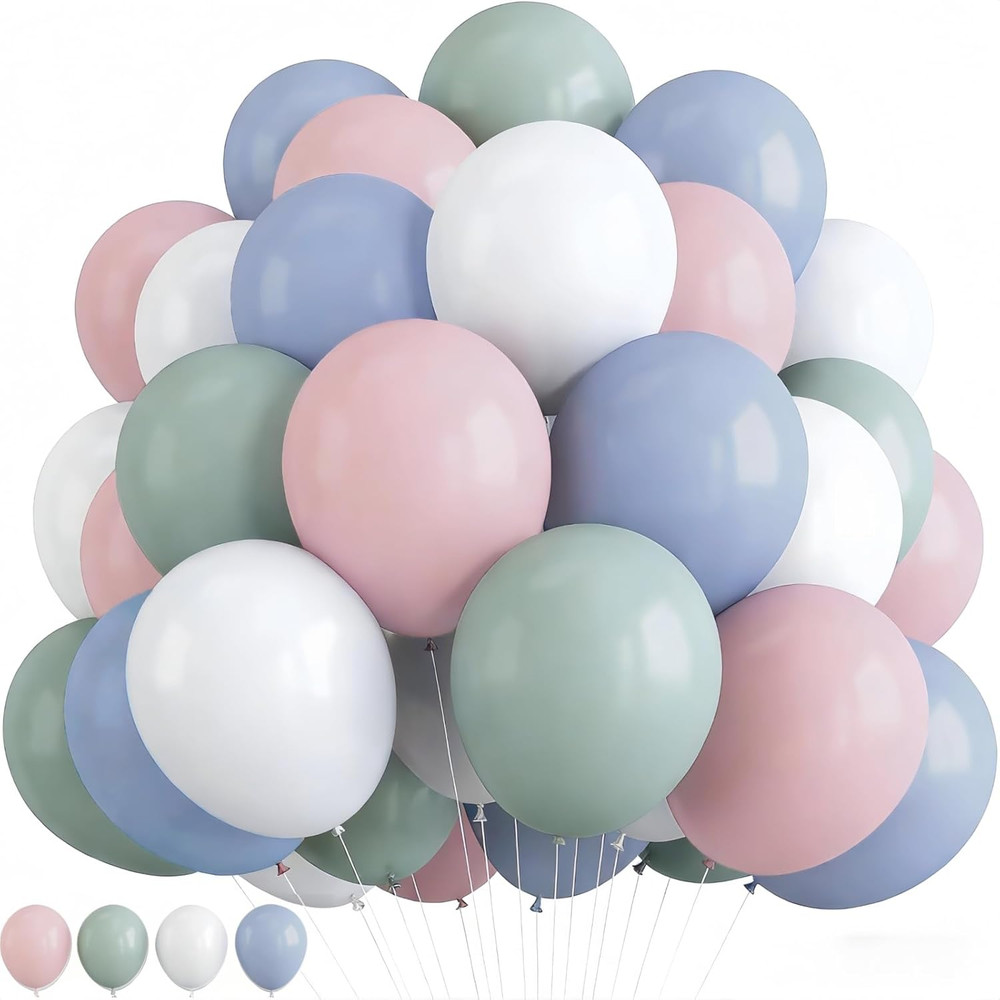 Pastel Blue Green Pink White Balloons, Muted Rainbow Dusty Pink Blue Sage Green