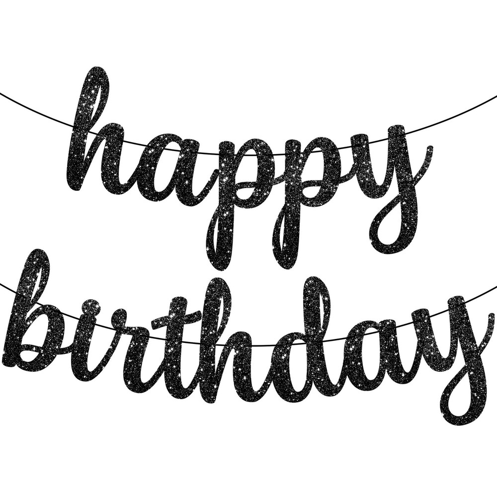 Glitter Cursive Black Happy Birthday Banner – Pre-Strung, 10 Feet | Happy Birthd