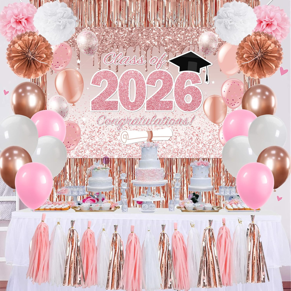 Pink Graduation Decorations Class of 2026 Backdrop Balloons Tassels Set