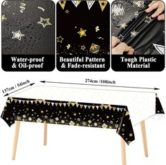 Stylish Black and Gold Paper Party Set: 24 Plates, Napkins, Tablecloth Included