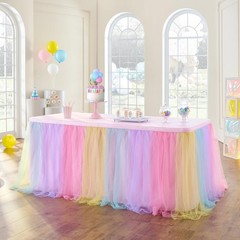 72in Rainbow Tulle Table Skirts for Rectangle Tables 6/4ft, 2-Layer Pastel Co…