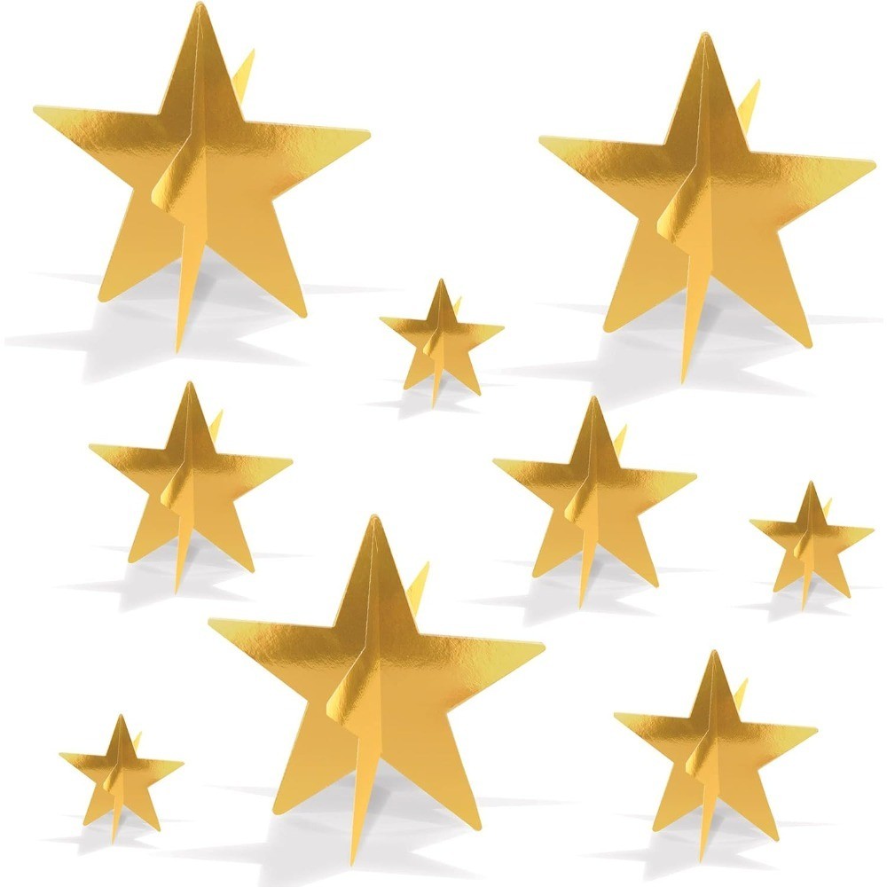 Gold 3-D Foil Star Centerpieces, 9-Count – Metallic Starry Table Decorations