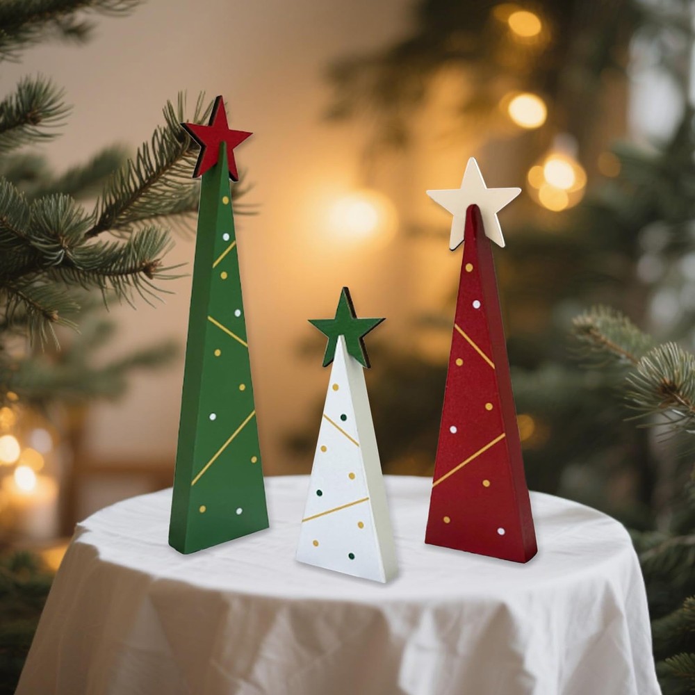 Wooden Christmas Trees Tabletop Decoration Set 3 Piece Freestanding Rustic Ho…