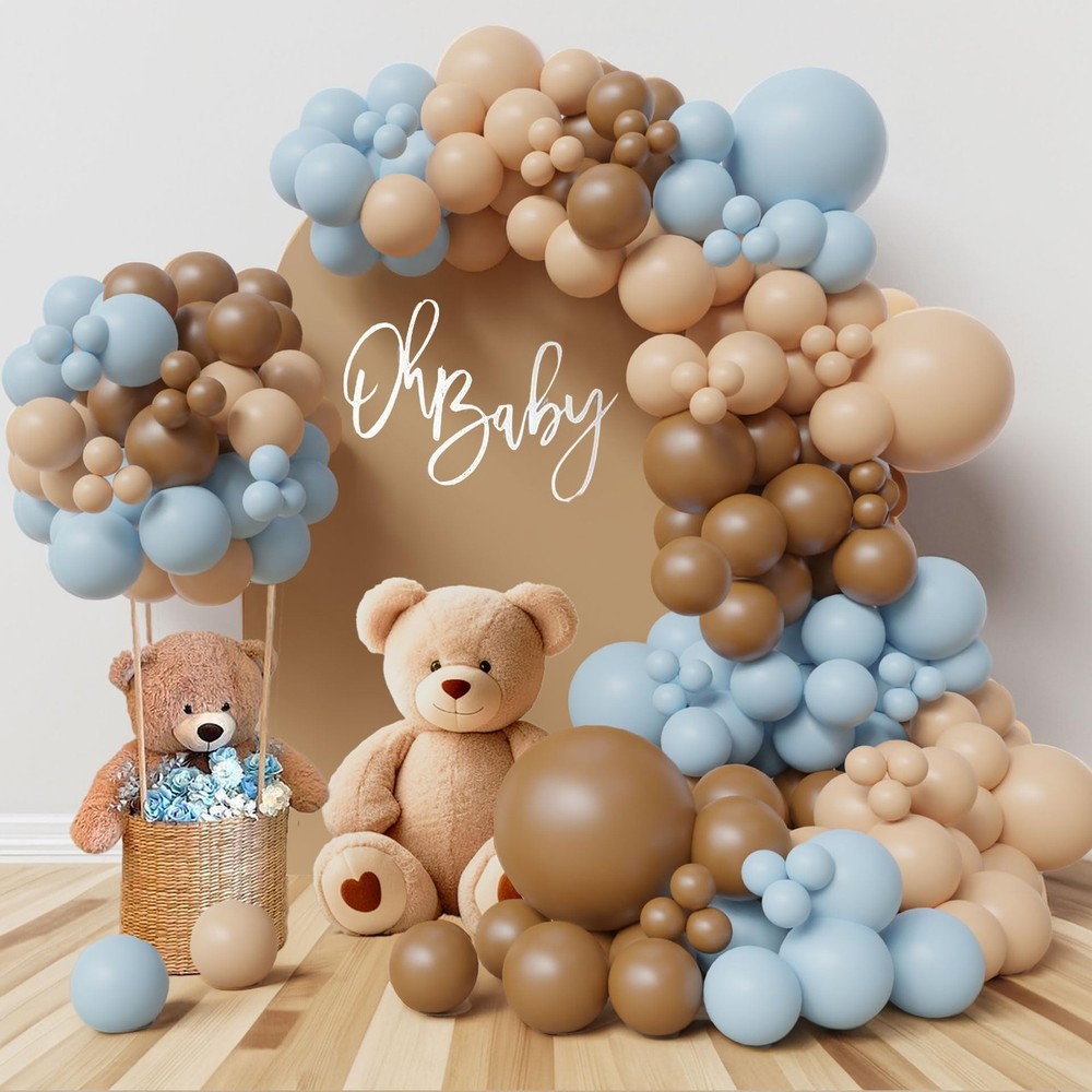 Bear theme Balloon Arch Kit Light Blue beige Tan and Brown Globos cream Ballo…