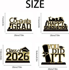 4Pcs Graduation Decorations Class of 2026 Congrats Grad Wooden Table Centerpiece