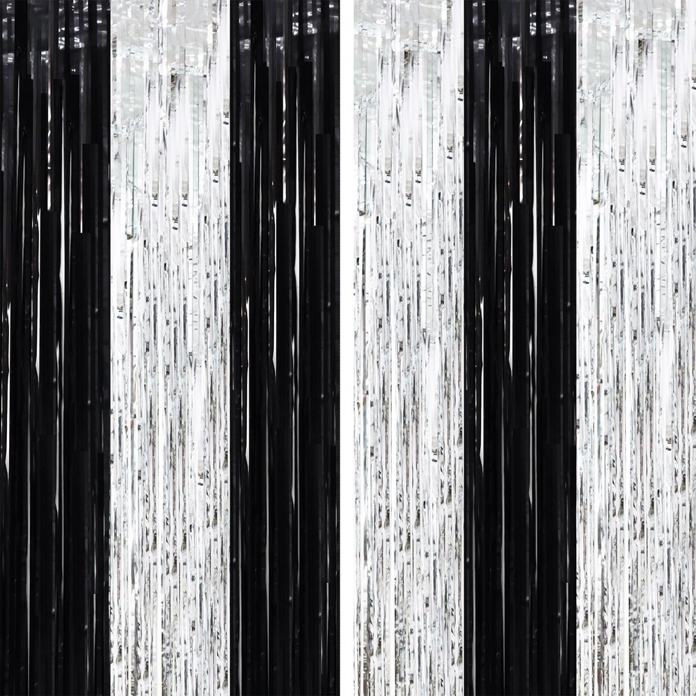 2 Pack Black Silver Tinsel Foil Fringe Curtains Metallic Party Streamers