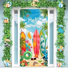 Hello Summer Decorations Beach Surfboard Slippers Door Banner Gift 35″x73″