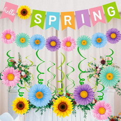 Hello Spring Banner Colorful Flower Hanging Swirls Sun Flowers Daisy Pattern Han
