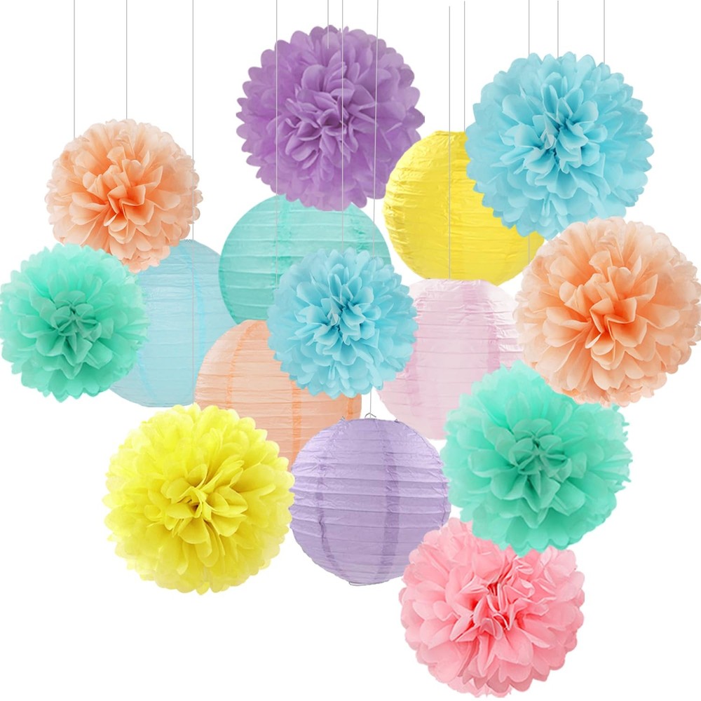 15 PCS Pastel Rainbow Paper Flowers Lanterns Tissue Pom Poms Party Decorations