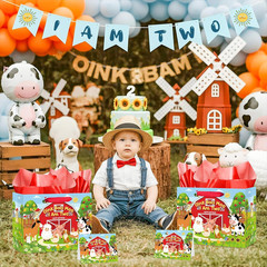 Farm Animals 2Nd Birthday Gift Bag for Boys Girls Red Oink Baa Moo I Am Two Wrap