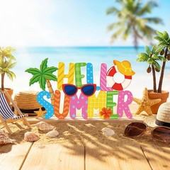 Hello Summer Metal Sign Rustic Table Top Decor Tiered Tray Wood Base Center