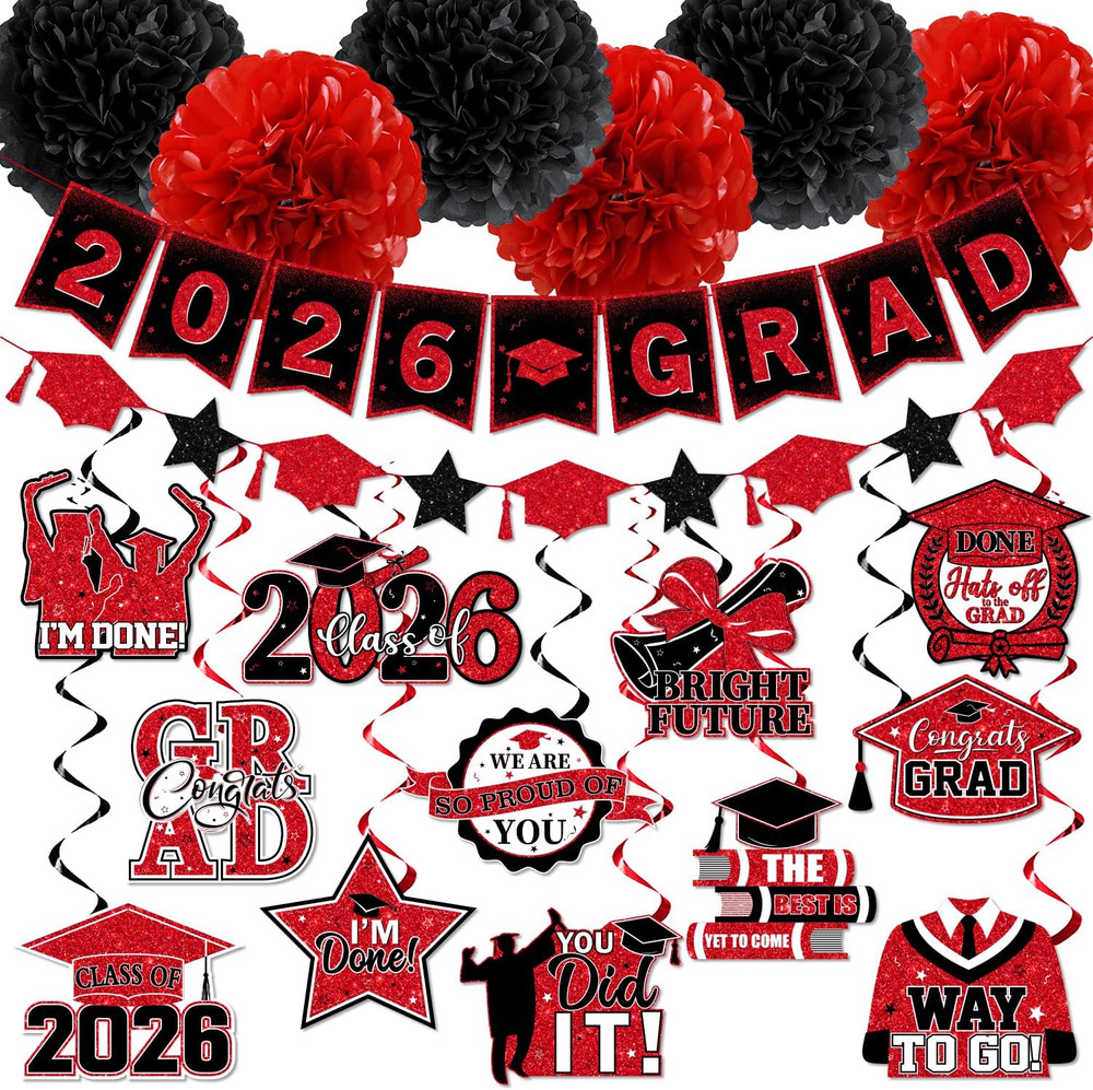 Red and Black Graduation Decorations 2026, 2026 Grad Banner and Congrats Grad Ha