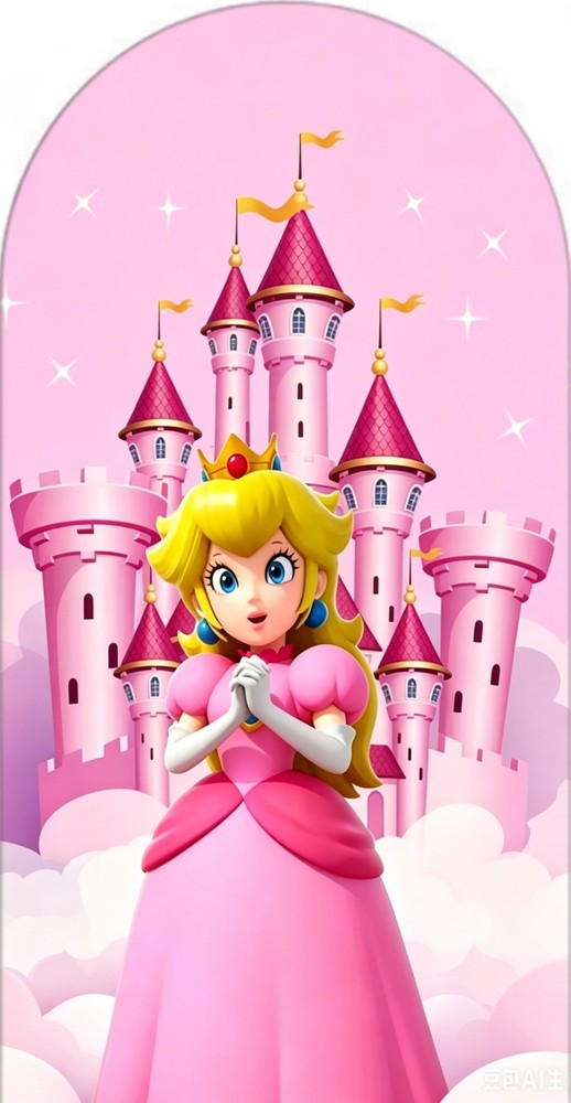 Peach Princess Castle Happy Birthday Arch Backdrop Cover Background Party Decor