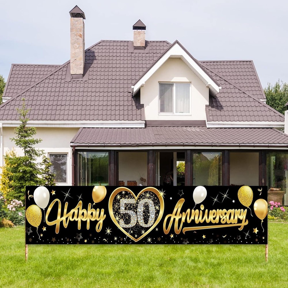 Happy 50th Wedding Anniversary Banner Decorations Black Gold 50th Anniversary