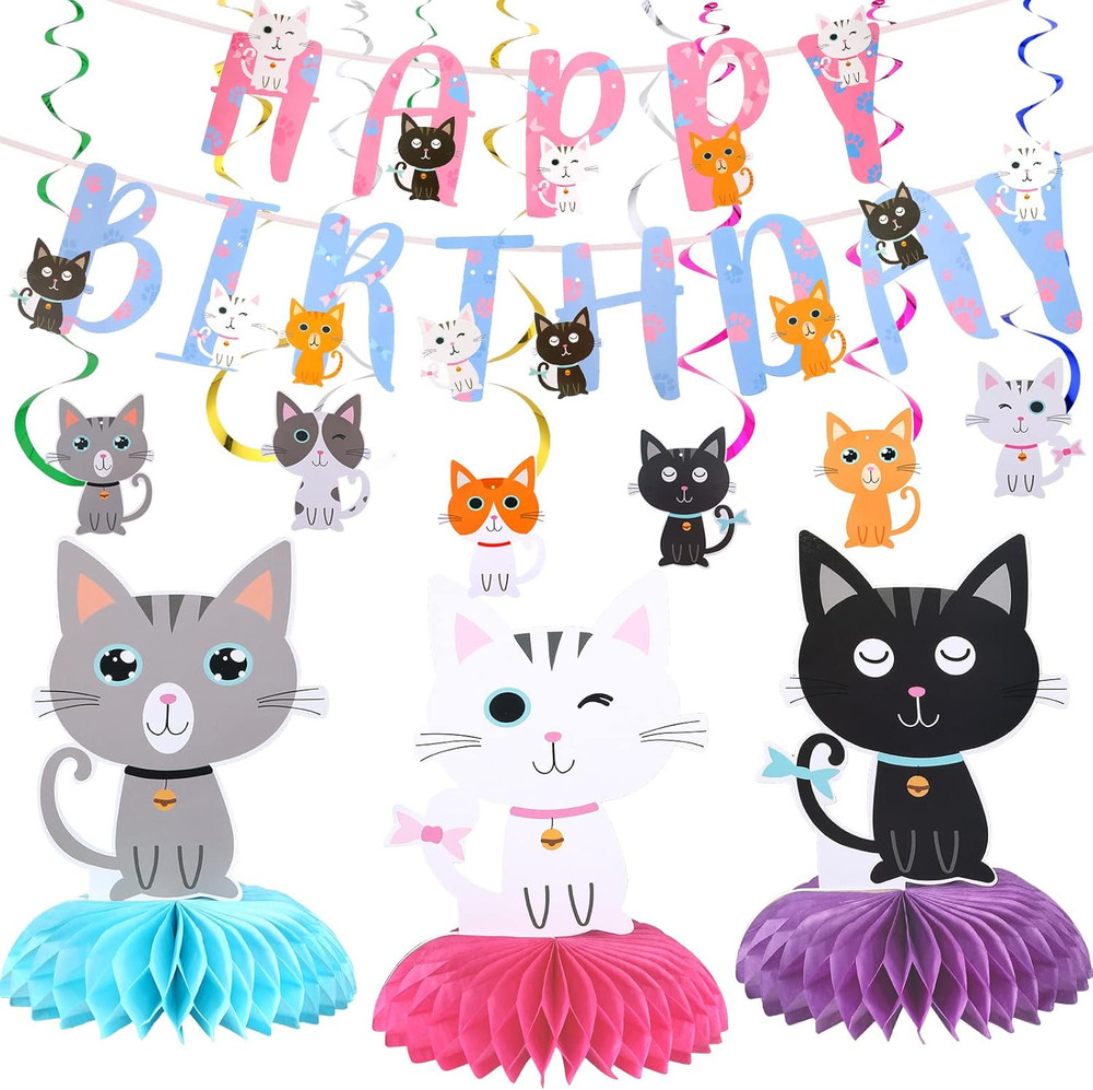 16 Pcs Cat Theme Birthday Party Decorations Party Supplies Kit, Includes Cat Par