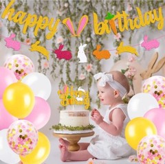 Bunny Birthday Decorations Kit Rabbit Theme Happy Birthday Banner Cake Topper 📦