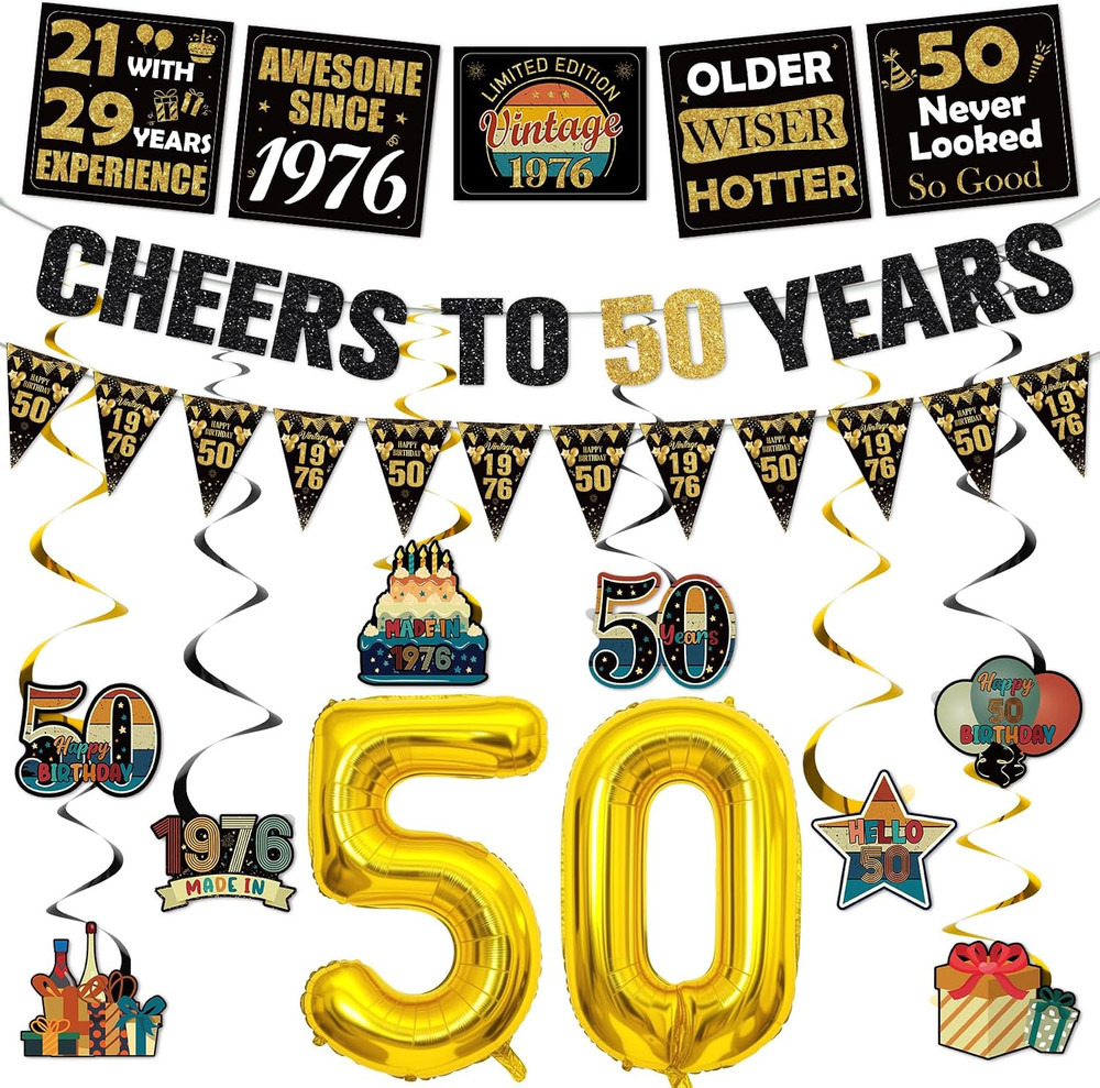 Vintage 50Th Birthday Decorations Funny Cheers to 50 Years Banner 50 Number Ball