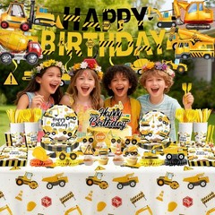 Construction Birthday Party Supplies Set – Plates, Napkins, Cups, Banner & More
