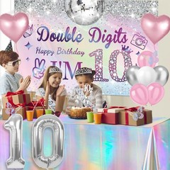 10th Birthday Decorations for Girls,49pcs Silver Dazzle Double Digits Banner,…