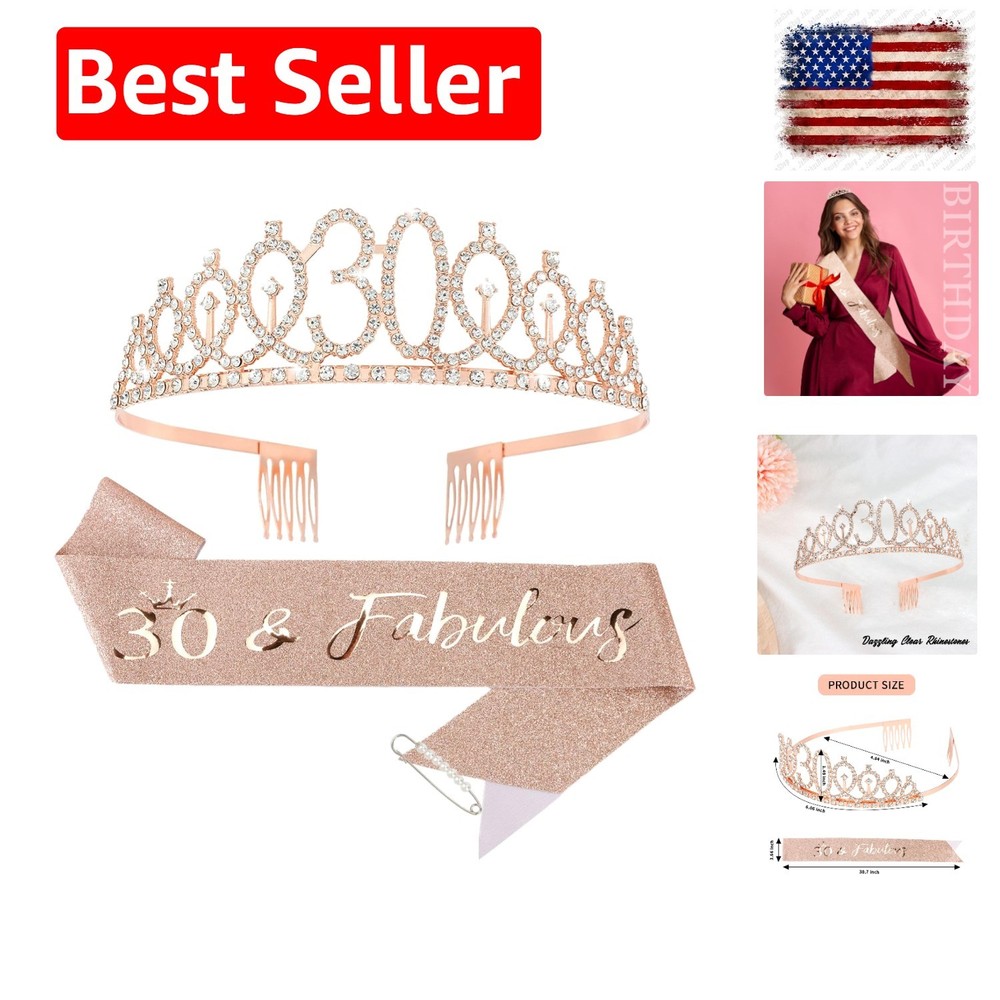 30th Birthday Crown Tiara & Rose Gold Sash Set with Pearl Pin – Glam Party Decor
