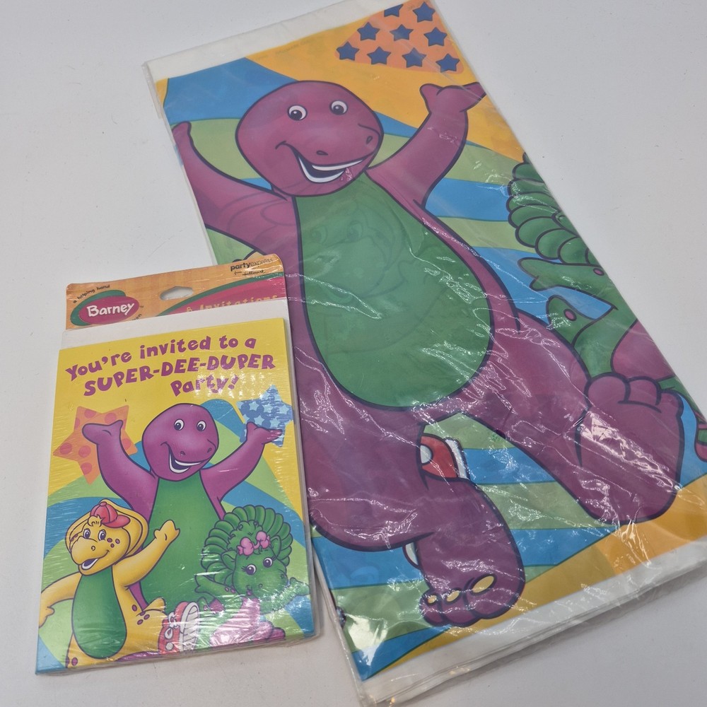 Vintage Barney Party Supplies-Tablecloth 54×102 & 8 pk Invitations Baby Bop BJ