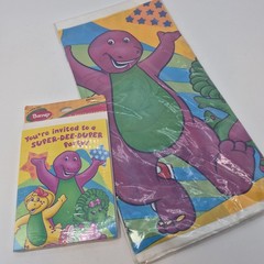 Vintage Barney Party Supplies-Tablecloth 54×102 & 8 pk Invitations Baby Bop BJ