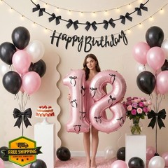 38Pcs Happy 18th Birthday Decorations for Girls, White Pink and Black Birthda…