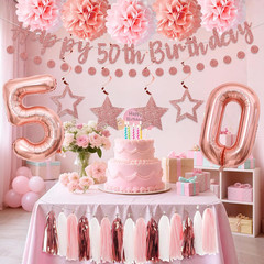 13Pcs 50Th Birthday Decorations for Girls, Pink Rose Gold Happy 50Th Birthday Ba