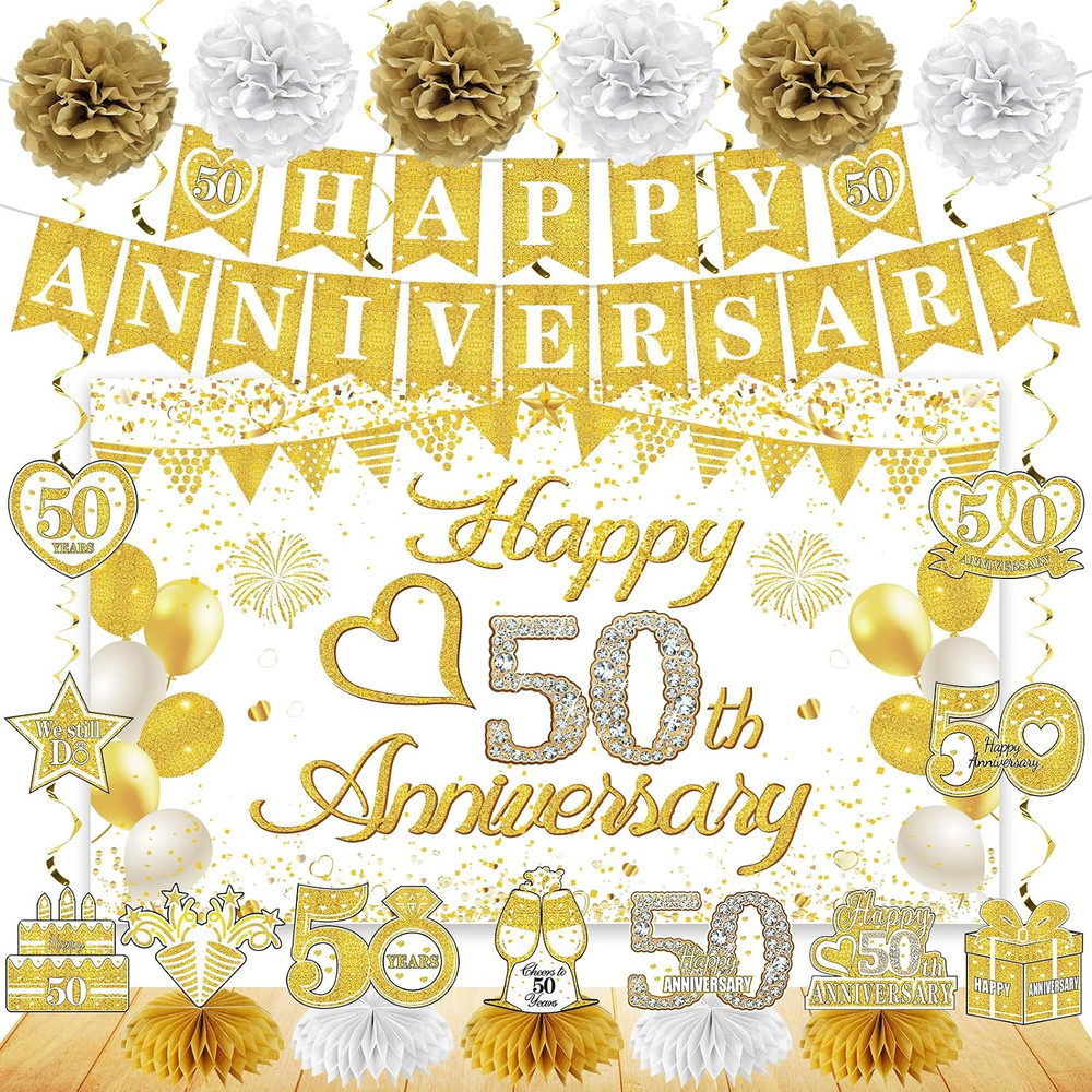 Happy 50Th Anniversary Decorations Kit, White Gold 50Th Wedding Anniversary Part