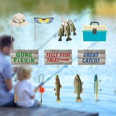 12 PCS Gone Fishin Photo Booth Props Stick Paper Accessories Party Decor