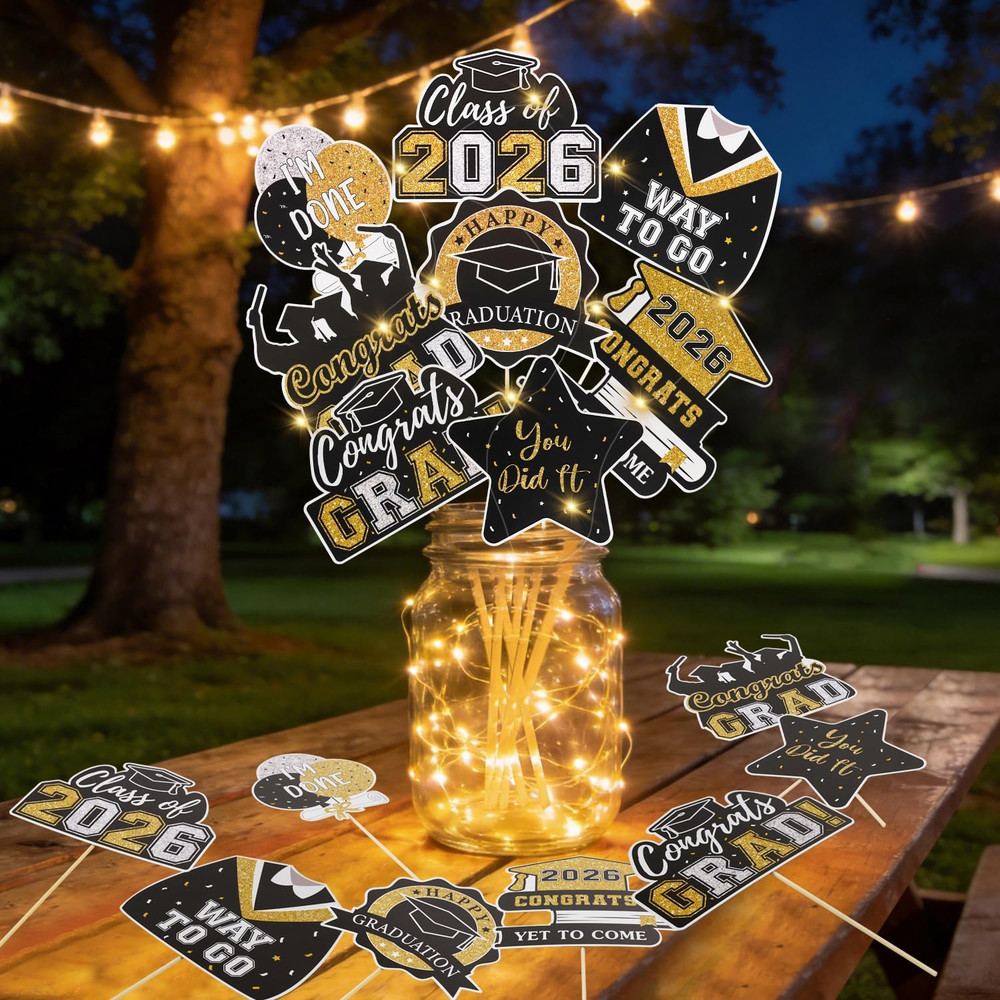 Graduation Decorations 2026 32Pcs Black Gold Graduation Table Decorations Center