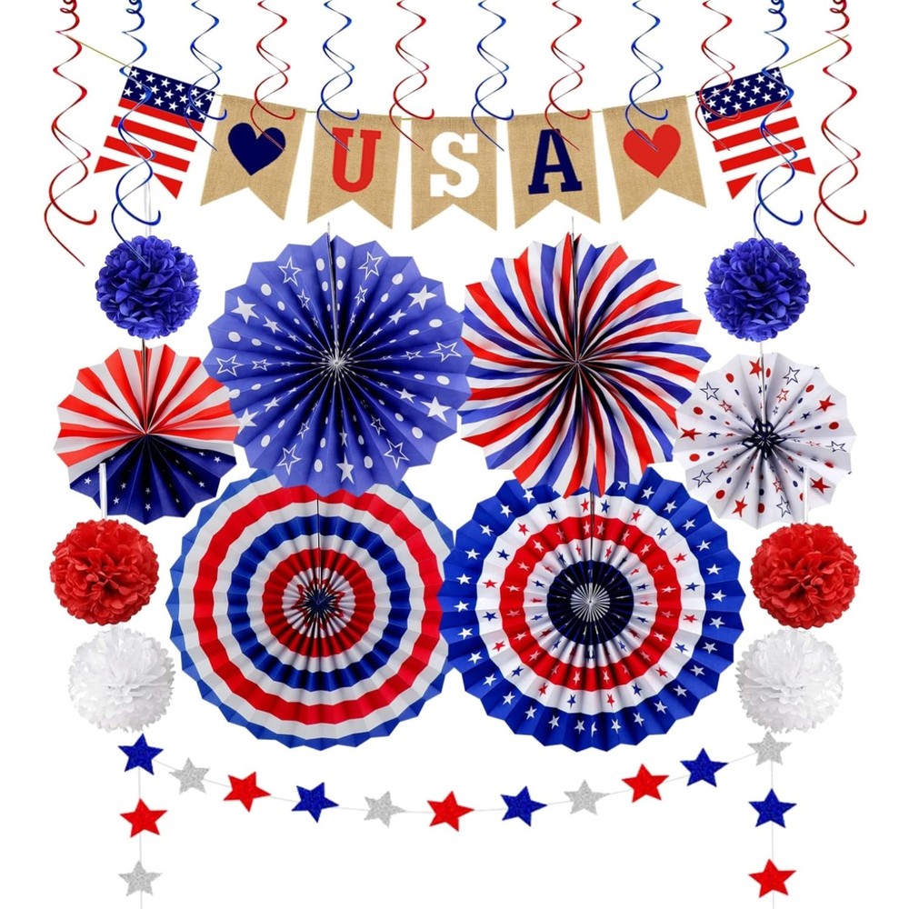 26Pcs Patriotic Decorations LOVE Banner Red White Blue Paper Fans Star Strea…