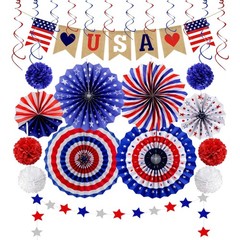 26Pcs Patriotic Decorations LOVE Banner Red White Blue Paper Fans Star Strea…