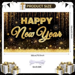Black Gold Happy New Year 2026 Banner – Large New Years Eve Party Backdrop with