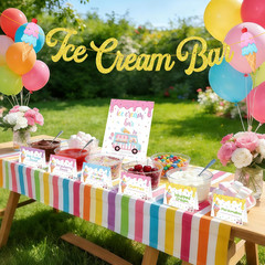 Ice Cream Party Decorations Set, Ice Cream Bar Banner with Table Signs & Topping