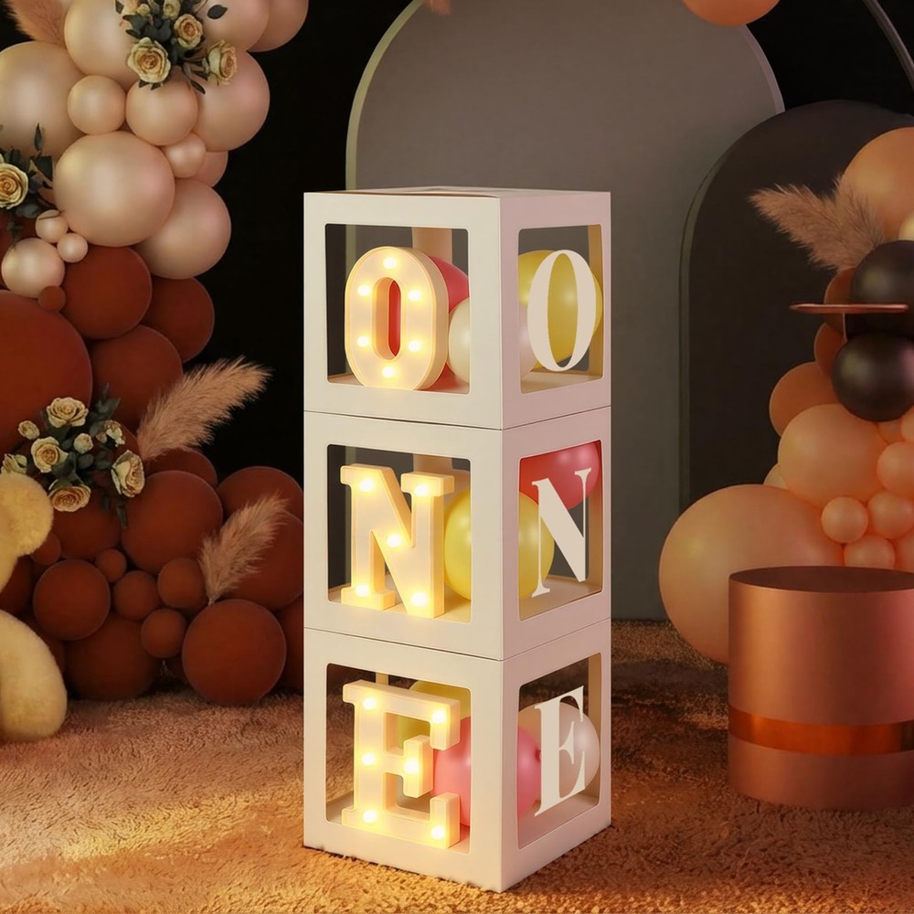 Balloon Boxes with O, N, Light up Letters Three White Transparent Square Boxe…