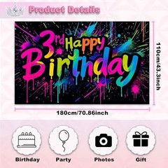 3rd Happy Birthday Party Banner 71 x 43 Inches Rainbow Neon Happy Birthday 3rd