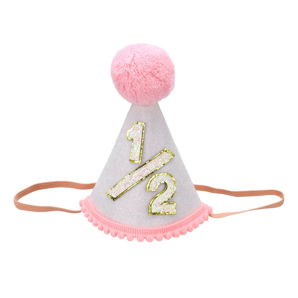 1/2 Mini Birthday Party Hat 1 Pcs, 15cm/ 6″ Tall 6 Months Cone Hat, Pink White