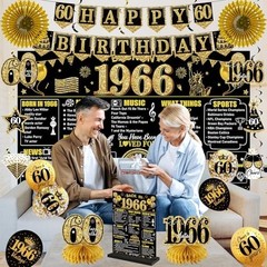 60th Birthday Decorations Kit – 24PCS Black Gold Vintage 1966 Banner, Balloons &