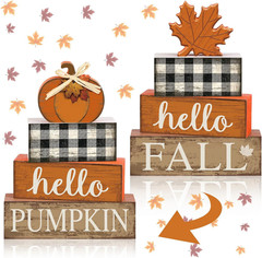 Hello Fall Decorations Maple Leaves Pumpkin Reversible Wooden Sign Tabletop 5Pcs