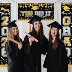 Graduation Decorations Class of 2026 Graduation Banner 3 Pieces Set Black Gold C