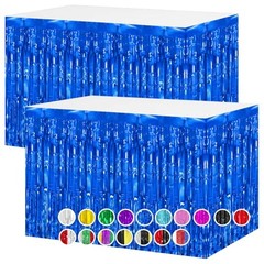 2 Packs Table Skirts Metallic Foil Fringe Tinsel Table 2 PCS-29.5×108 Inch Blue