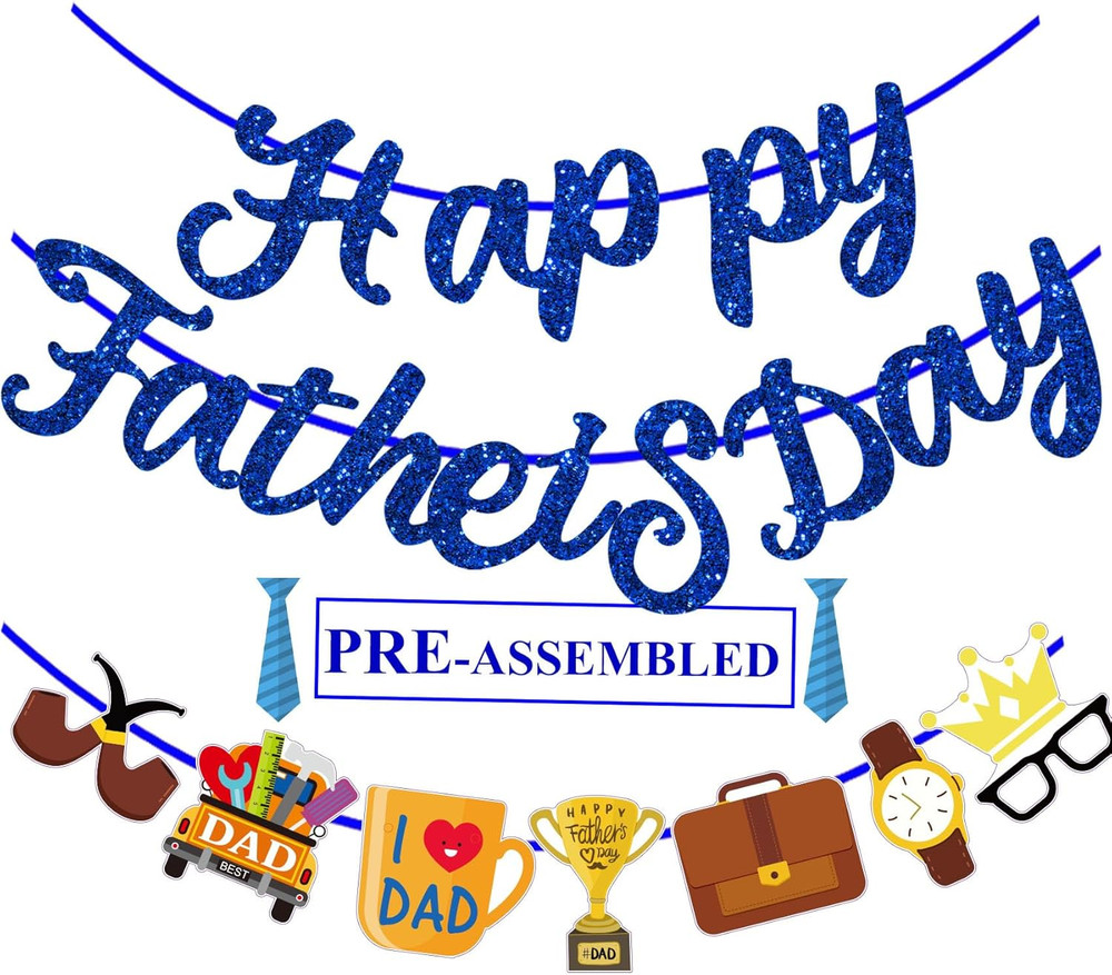Happy Fathers Day Banner Blue Glitter Fathers Day Decorations for Party Home Pre