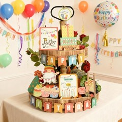 18 PCS Wooden Tiered Tray Decor Happy Birthday Sign Table Centerpiece Home