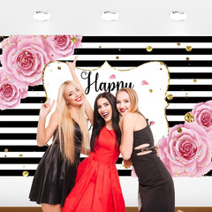 Pink Rose Happy Birthday Backdrop Banner for Women Black White Stripe Birthday P